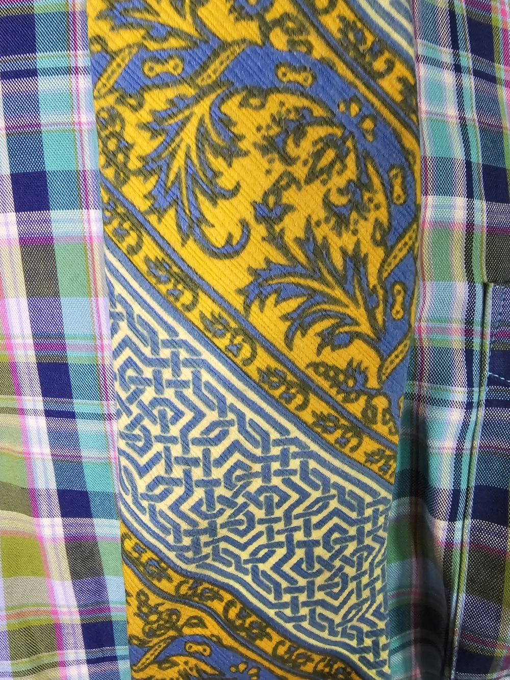 Vintage Handmade Yellow,  Blue, Teal Greek Key And Floral Print Tie